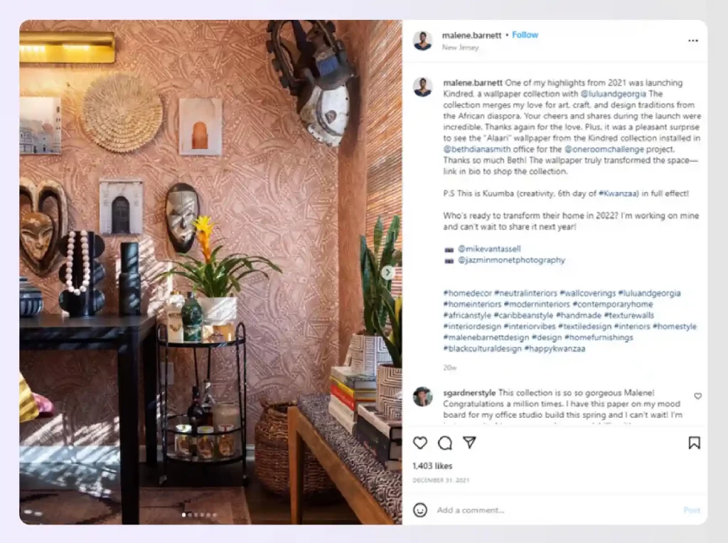 An eclectic room with textured wallpaper by Malene Barnett