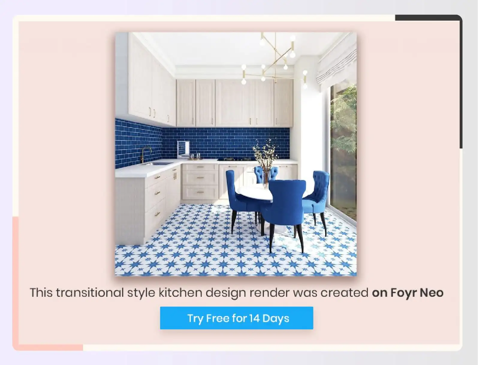 Modern blue and white kitchen with table and chairs