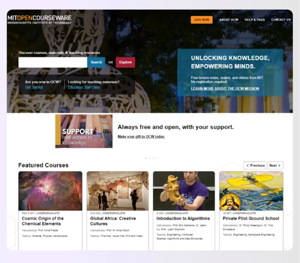 The MIT OpenCourseWare featured courses homepage The MIT OpenCourseWare featured courses homepage