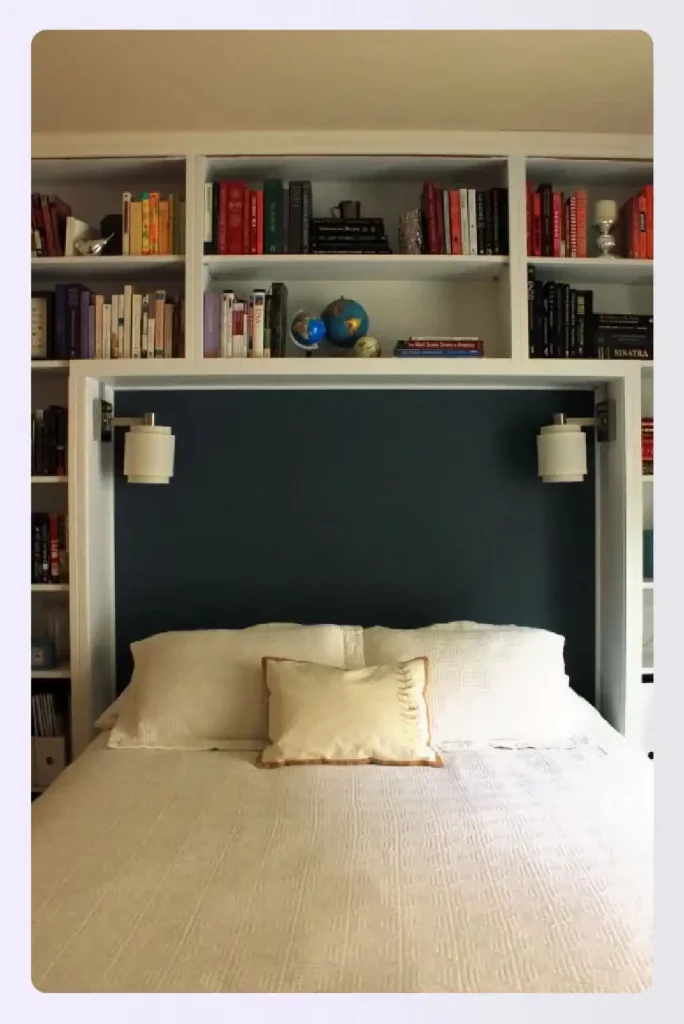 Comprehensive shelving surrounding bed
