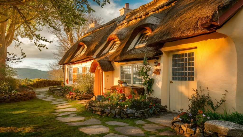 A charming cottage with a thatched roof in a rural setting.