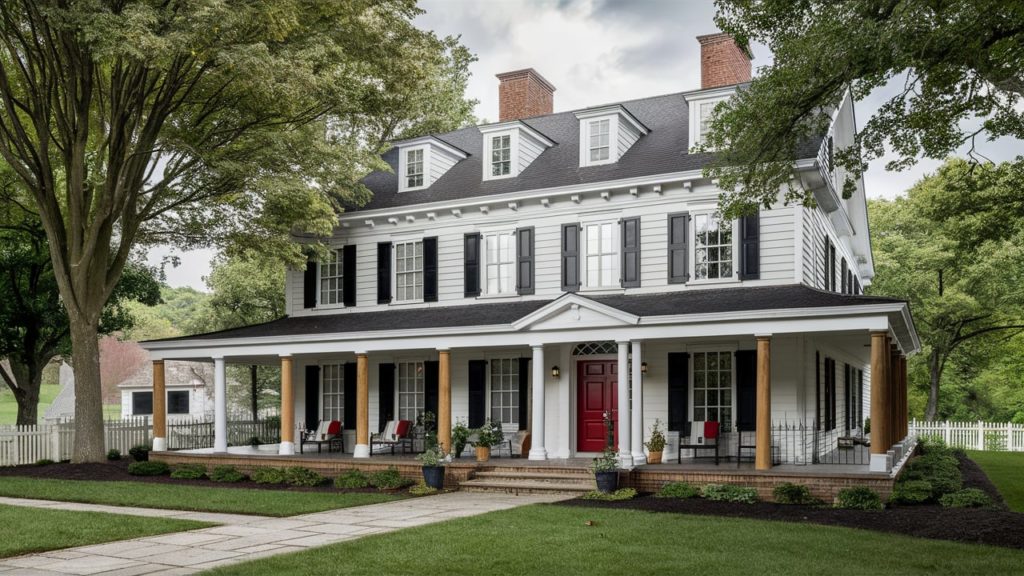 Large white house in the country style with a red door and porch