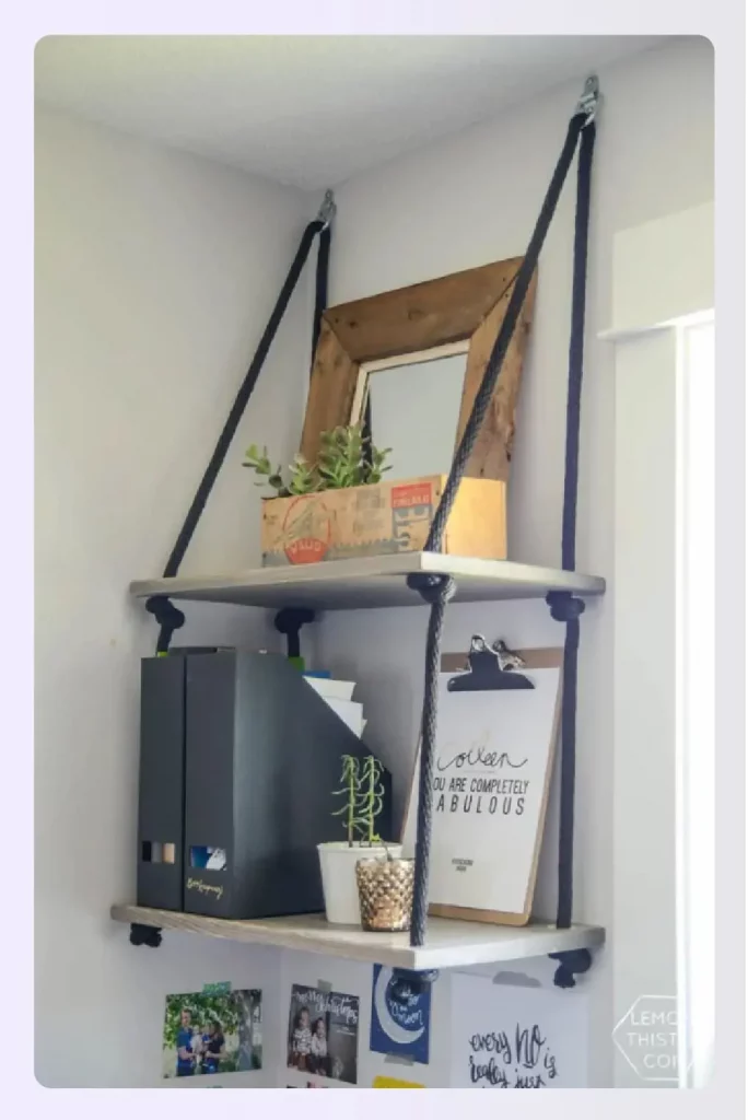 Decorative hanging shelves with rope suspension