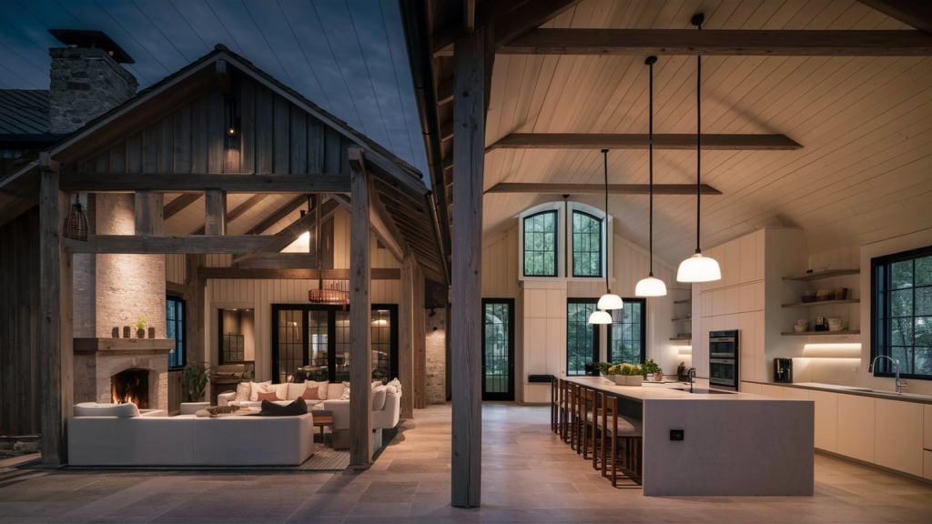 A light-filled open concept living room and kitchen with exposed beams and wood finishes in a farmhouse style house.