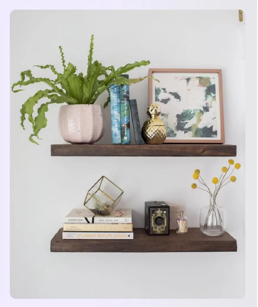 Floating shelves on narrow bedroom wall