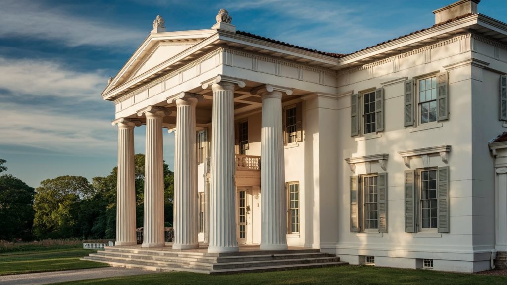 A large white Greek revival style house with tall columns and black shutters. The house is located on a green lawn with trees in the background.