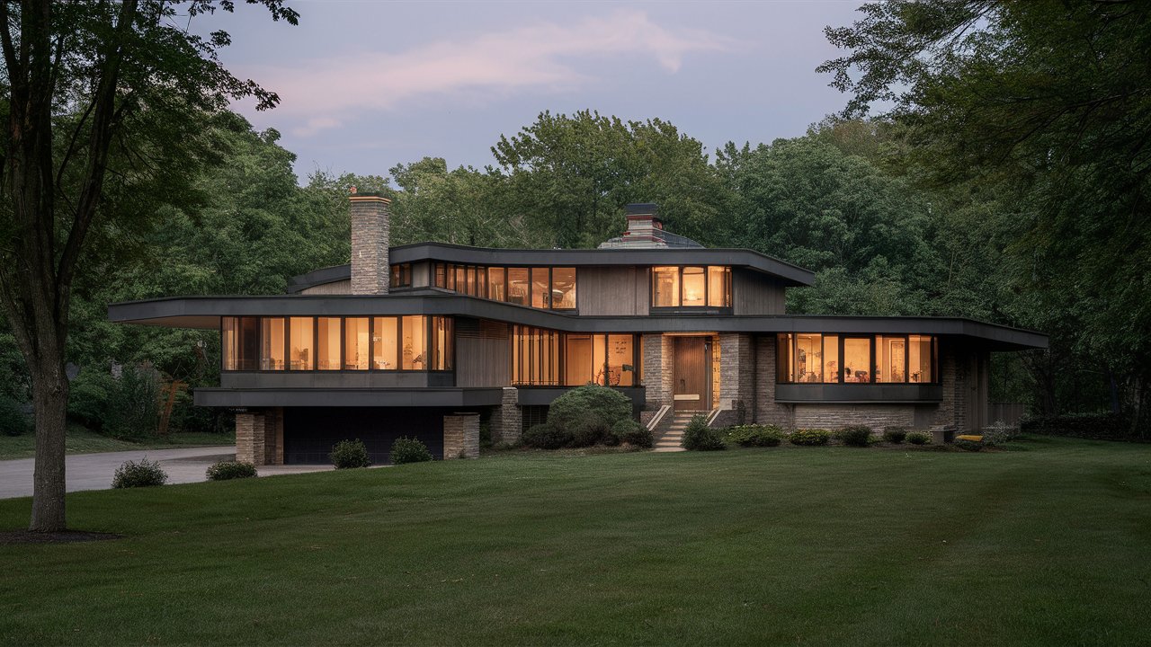 A Prairie style house with large windows and horizontal lines.