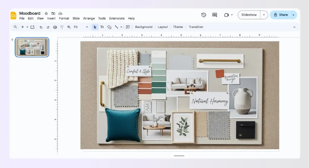 Presentation software interface for creating mood boards Presentation software interface for creating mood boards