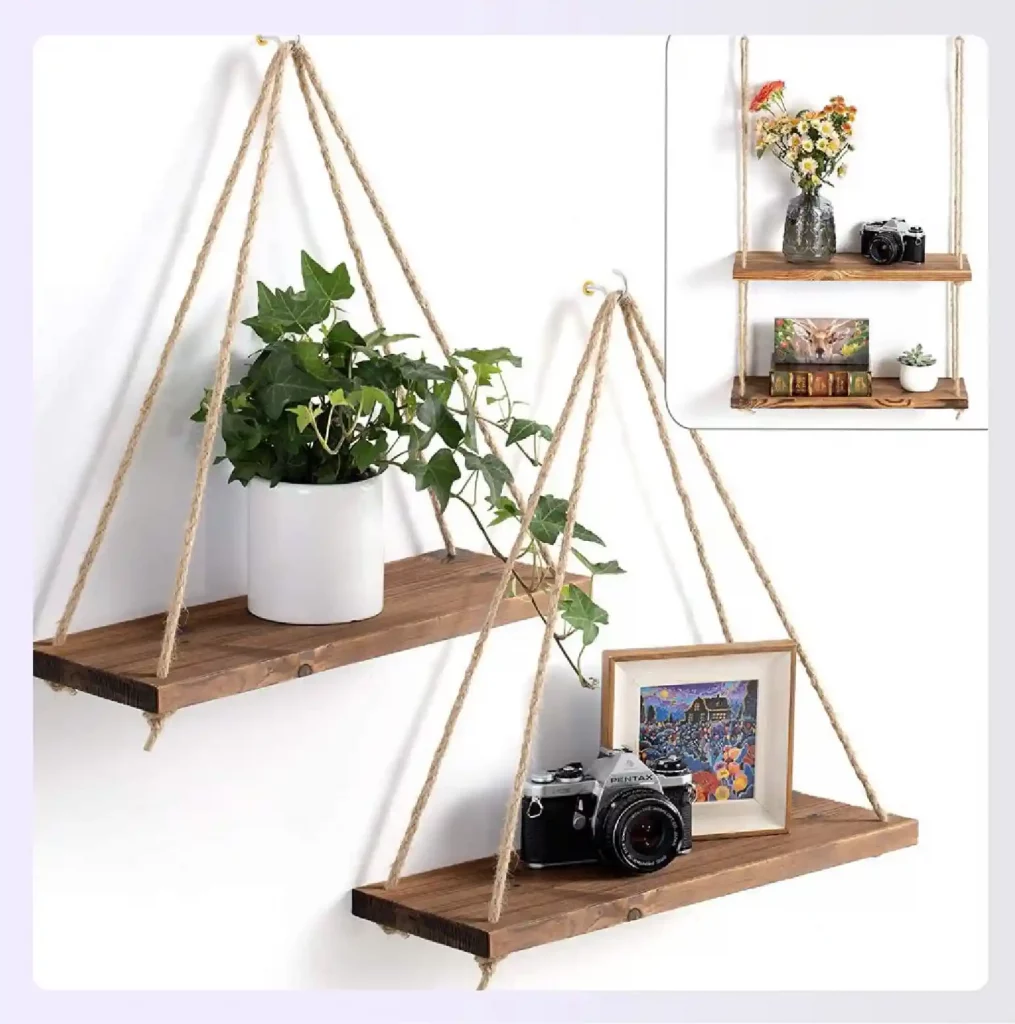 Rustic rope-suspended shelving unit