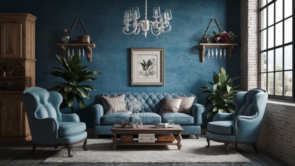 A shabby chic living room with a blue couch, two chairs, a coffee table, and a chandelier.