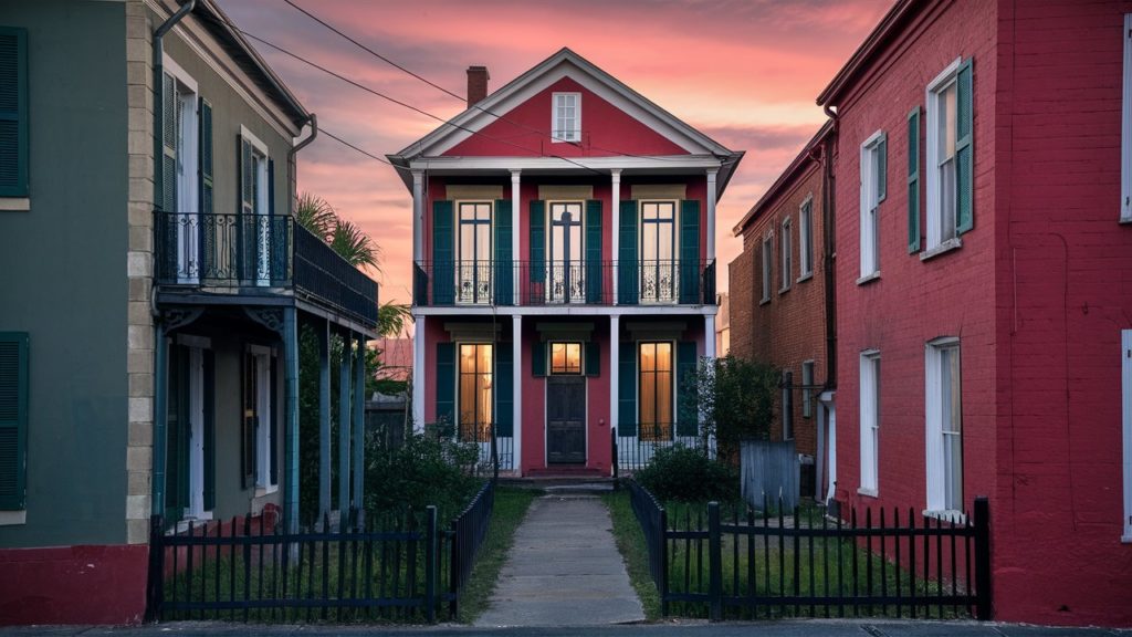 Red shotgun style house with green shutters