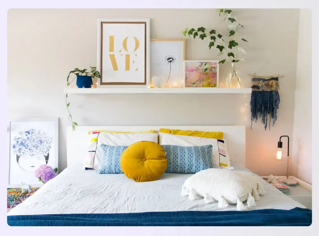 Stylish shelving installed above bed