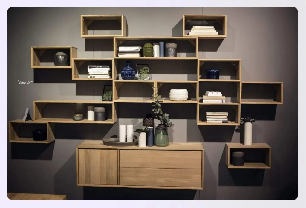 Wall with diverse shelving styles