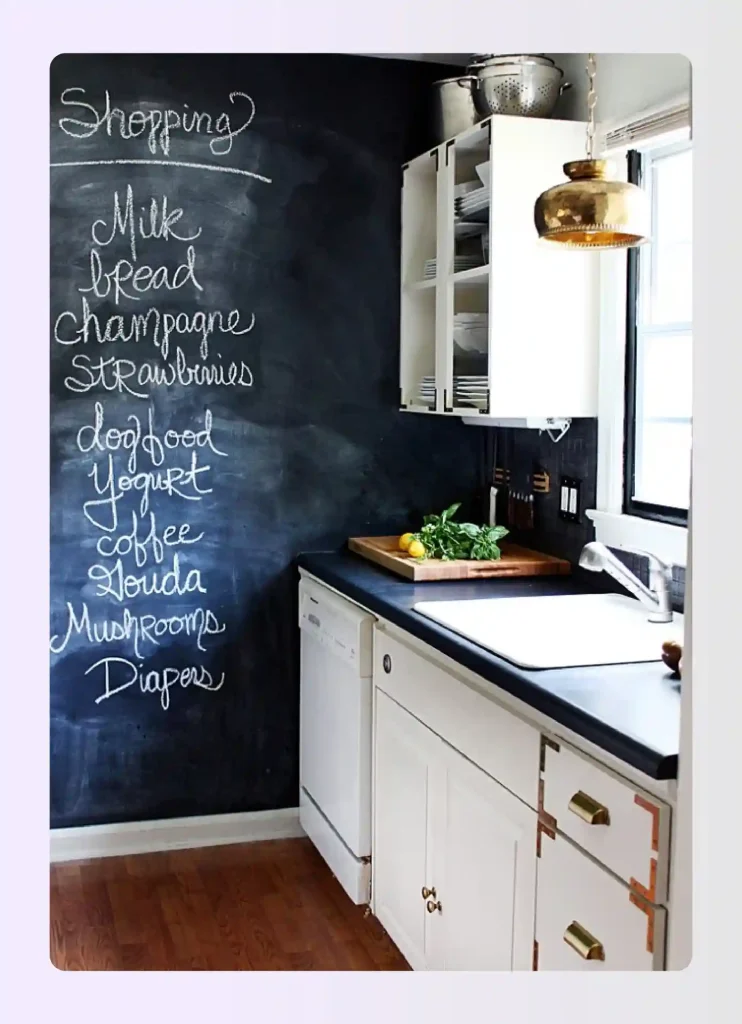 Kitchen chalkboard wall with handwritten menu and grocery list Kitchen chalkboard wall with handwritten menu and grocery list