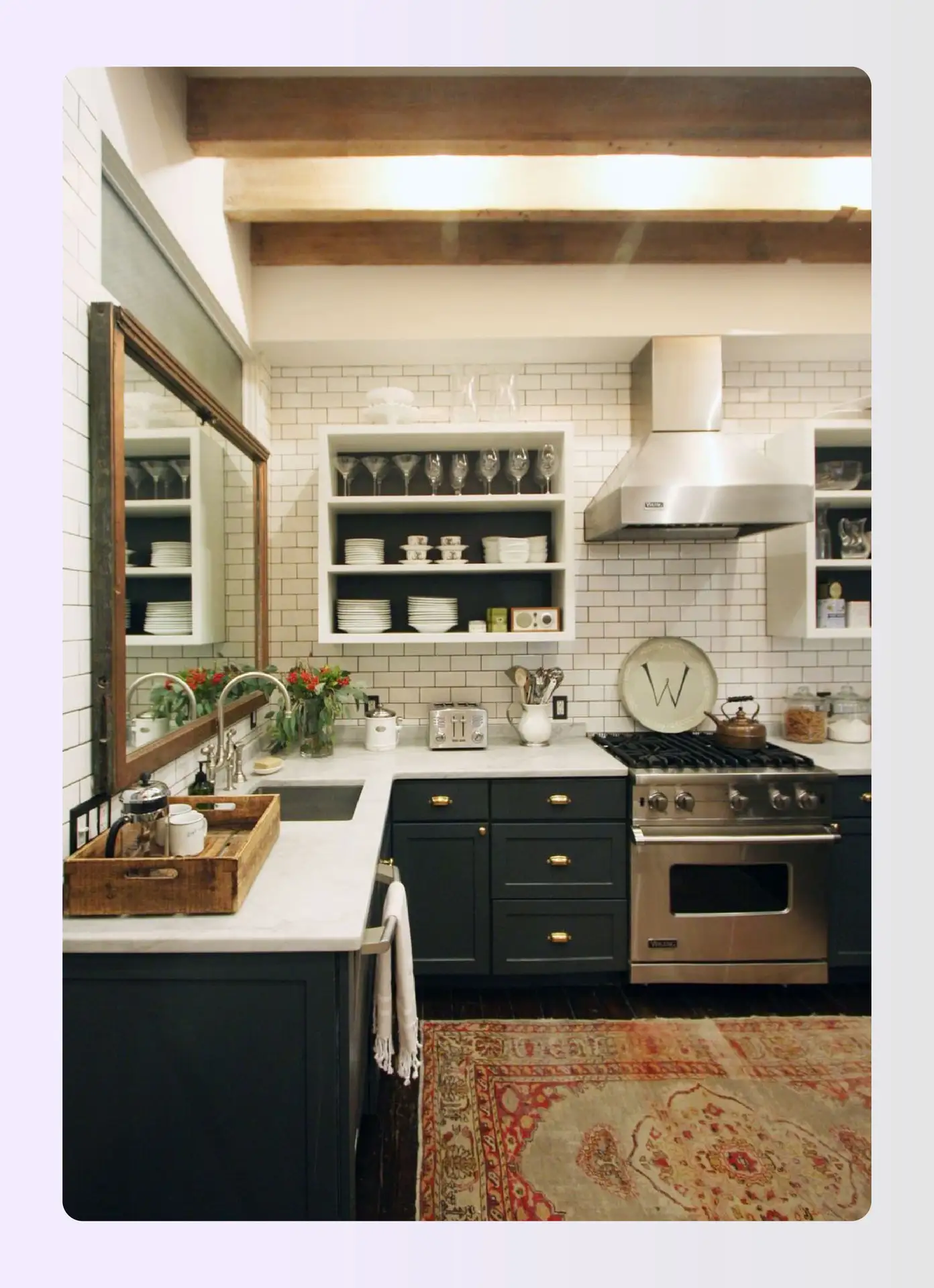 Mounted decorative mirror brightening small kitchen wall space Mounted decorative mirror brightening small kitchen wall space