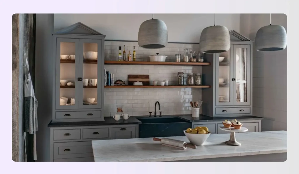 Open shelving covering entire kitchen wall with styled displays Open shelving covering entire kitchen wall with styled displays