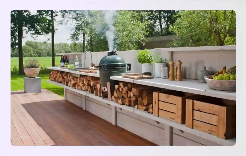 Long concrete outdoor counter with firewood storage underneath