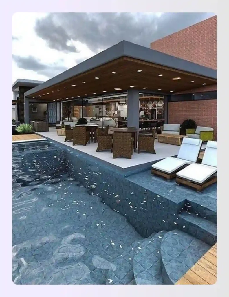 Luxurious swim-up bar attached to a modern outdoor kitchen Luxurious swim-up bar attached to a modern outdoor kitchen