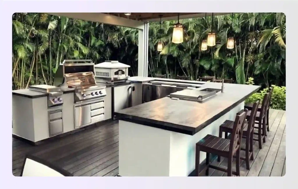 Modern deck kitchen with built-in storage and large island