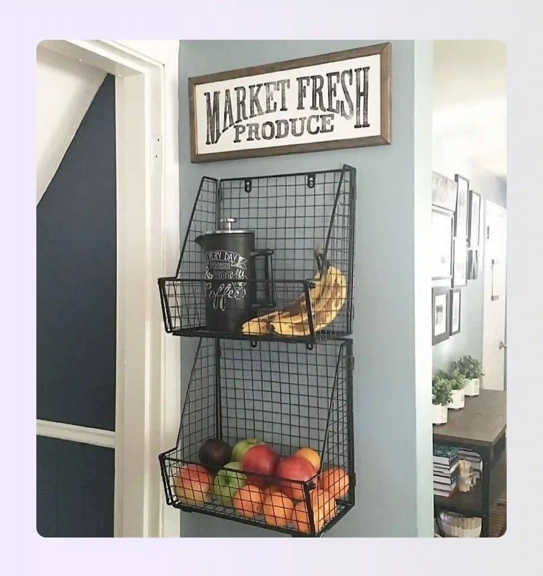 Rustic wicker wall baskets creating boho kitchen gallery wall Rustic wicker wall baskets creating boho kitchen gallery wall