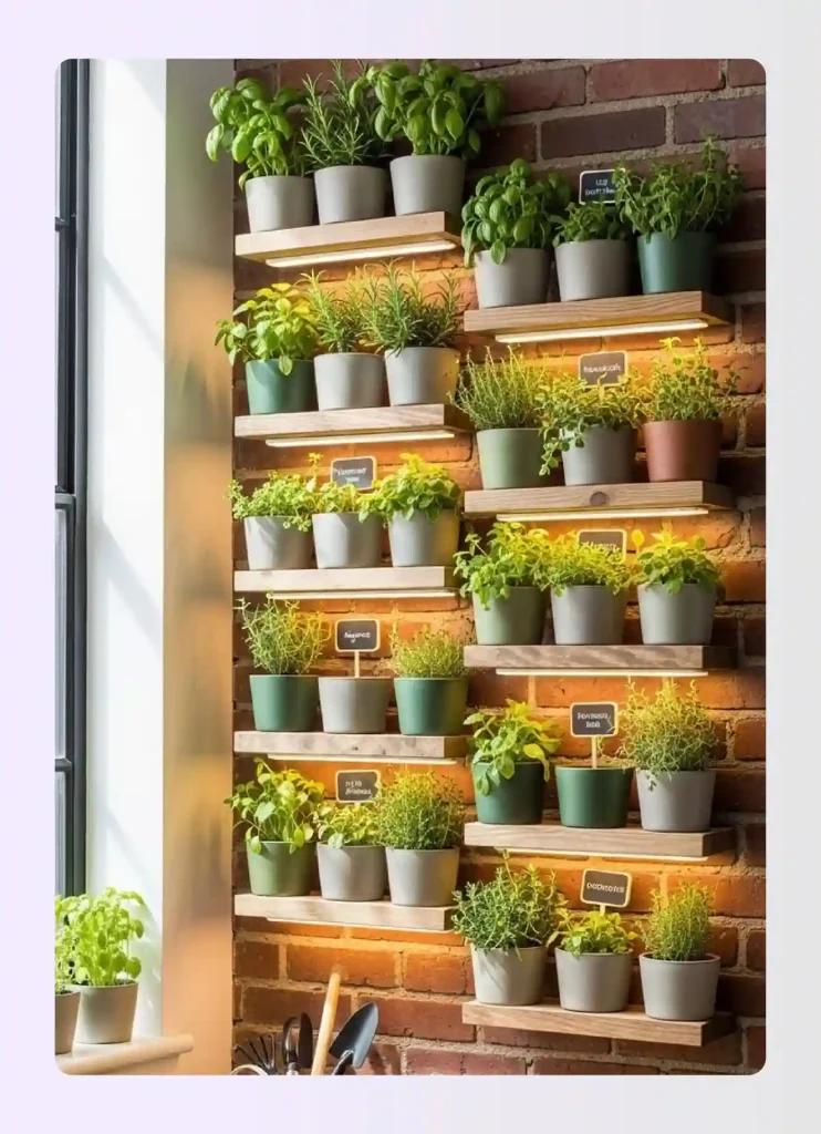 Vertical indoor herb garden wall adding greenery to kitchen space Vertical indoor herb garden wall adding greenery to kitchen space