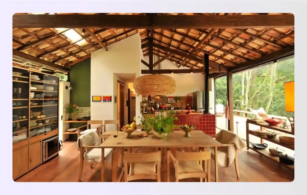 Rustic outdoor kitchen with exposed wooden beams and red tiles