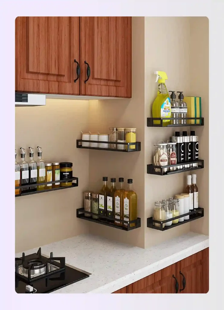 Wooden wall spice rack with glass jars as kitchen wall decor Wooden wall spice rack with glass jars as kitchen wall decor