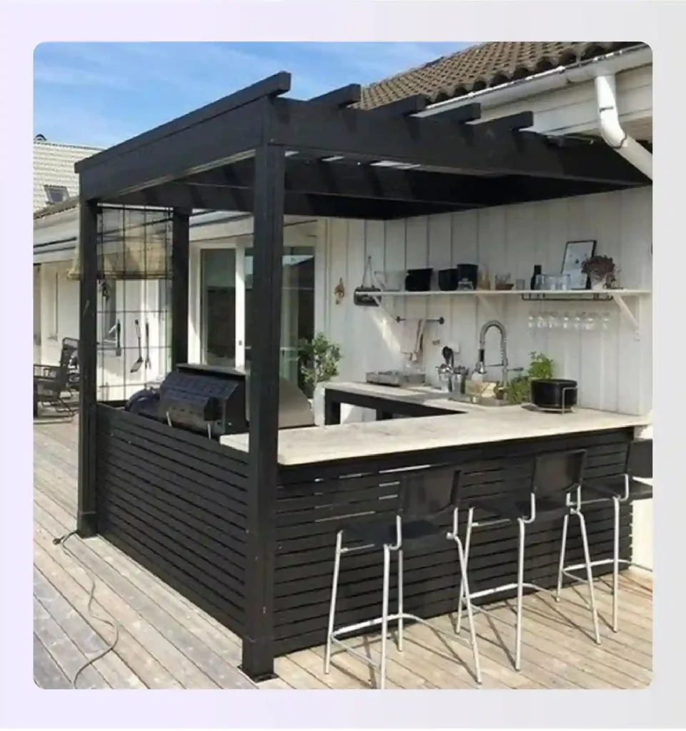Black pergola covering a U-shaped outdoor bar with seating Black pergola covering a U-shaped outdoor bar with seating