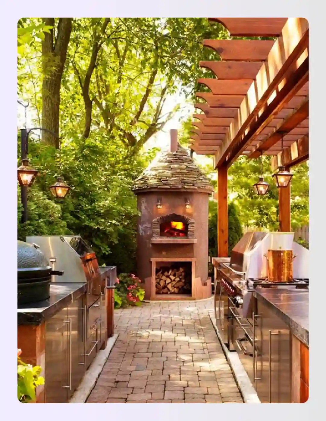 Brick outdoor pizza oven and grill station under a pergola Brick outdoor pizza oven and grill station under a pergola