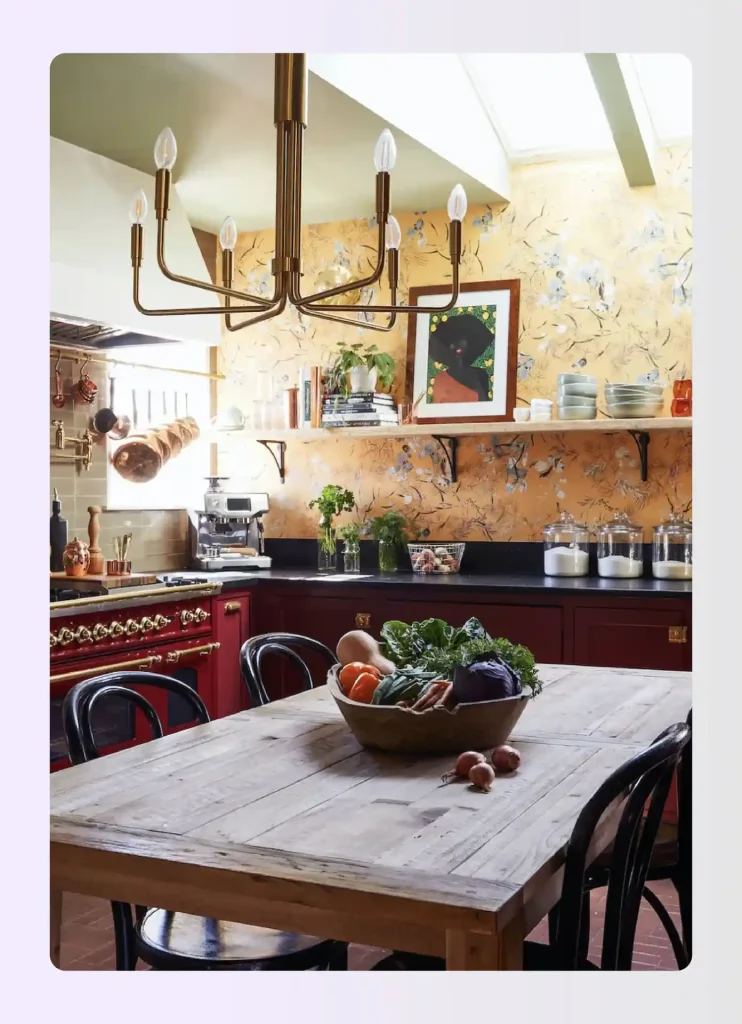 Cozy homey kitchen with warm wallpaper and copper pots Cozy homey kitchen with warm wallpaper and copper pots