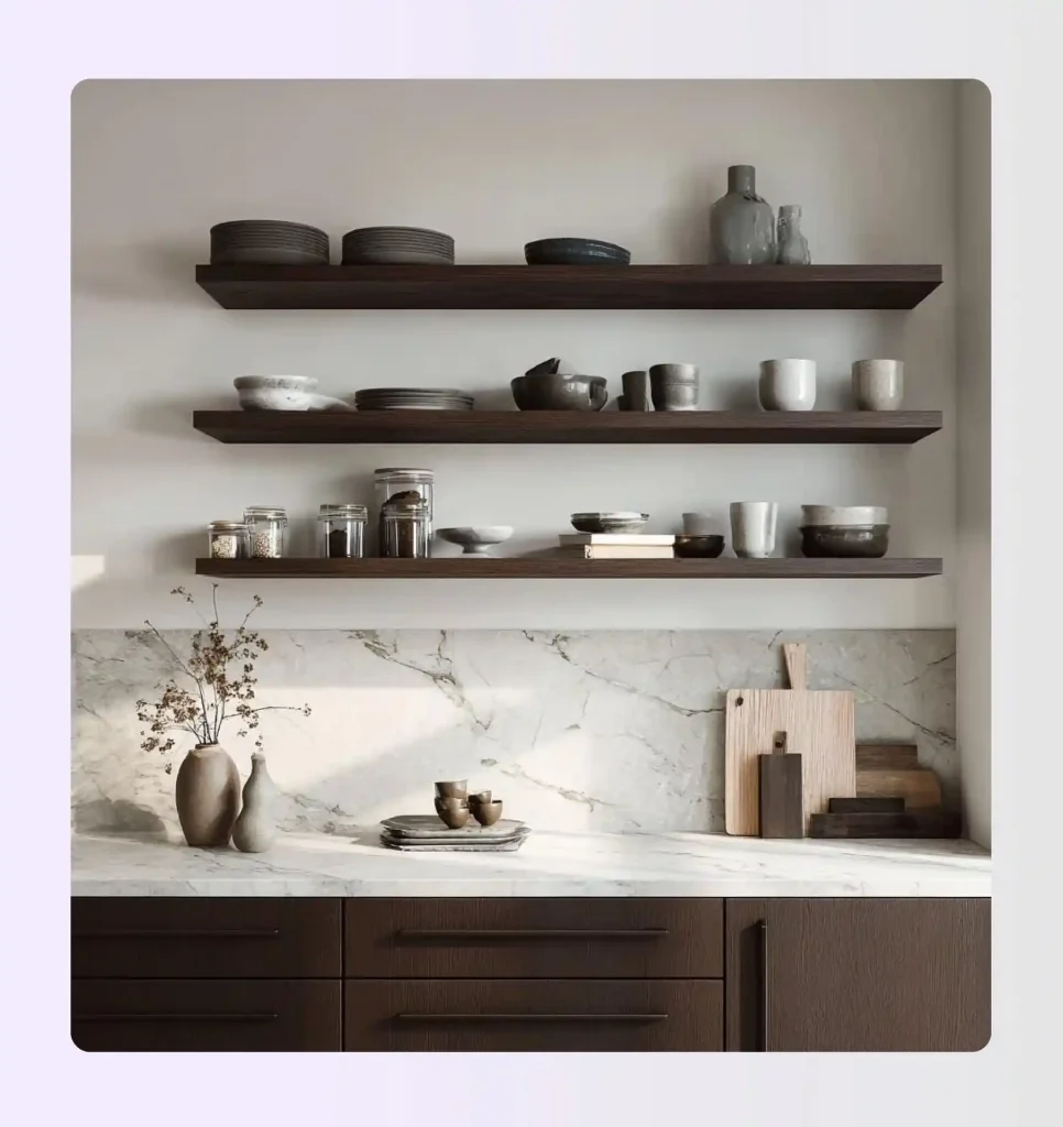 Dark wood floating shelves styled on bright white kitchen wall Dark wood floating shelves styled on bright white kitchen wall