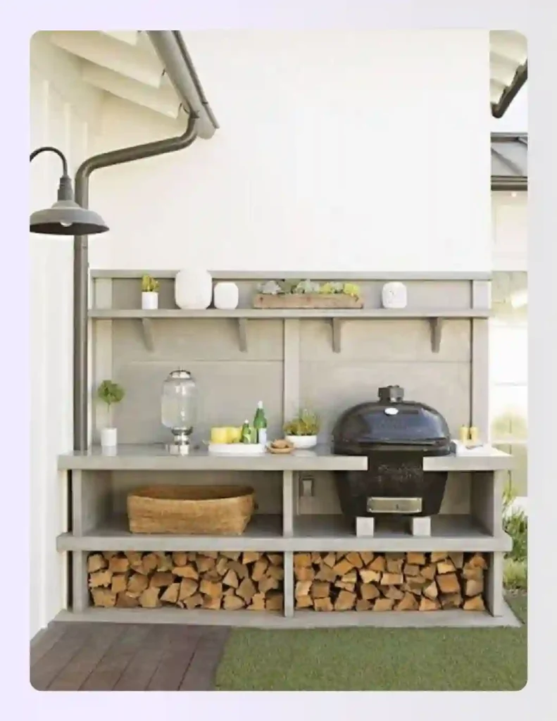 Concrete outdoor counter with wooden crate storage underneath Concrete outdoor counter with wooden crate storage underneath