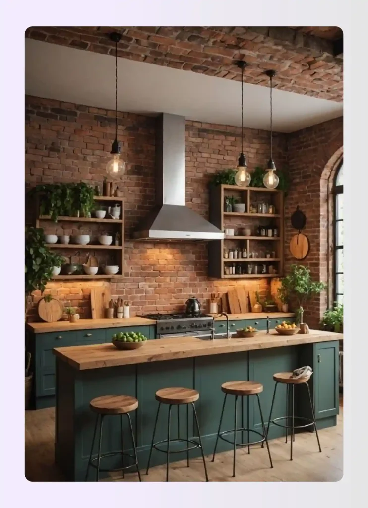 Exposed brick wall in kitchen with open shelves and warm lighting Exposed brick wall in kitchen with open shelves and warm lighting