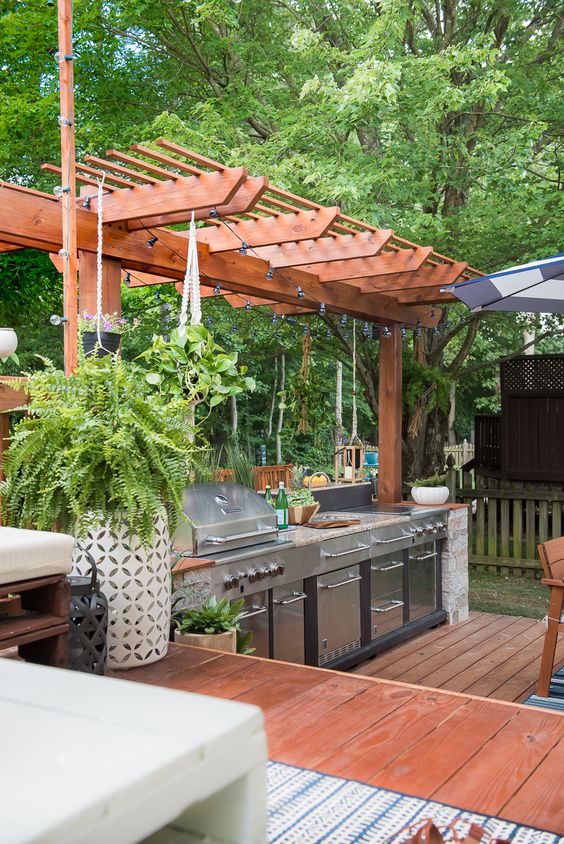 food prep with pergola for outdoor kitchen