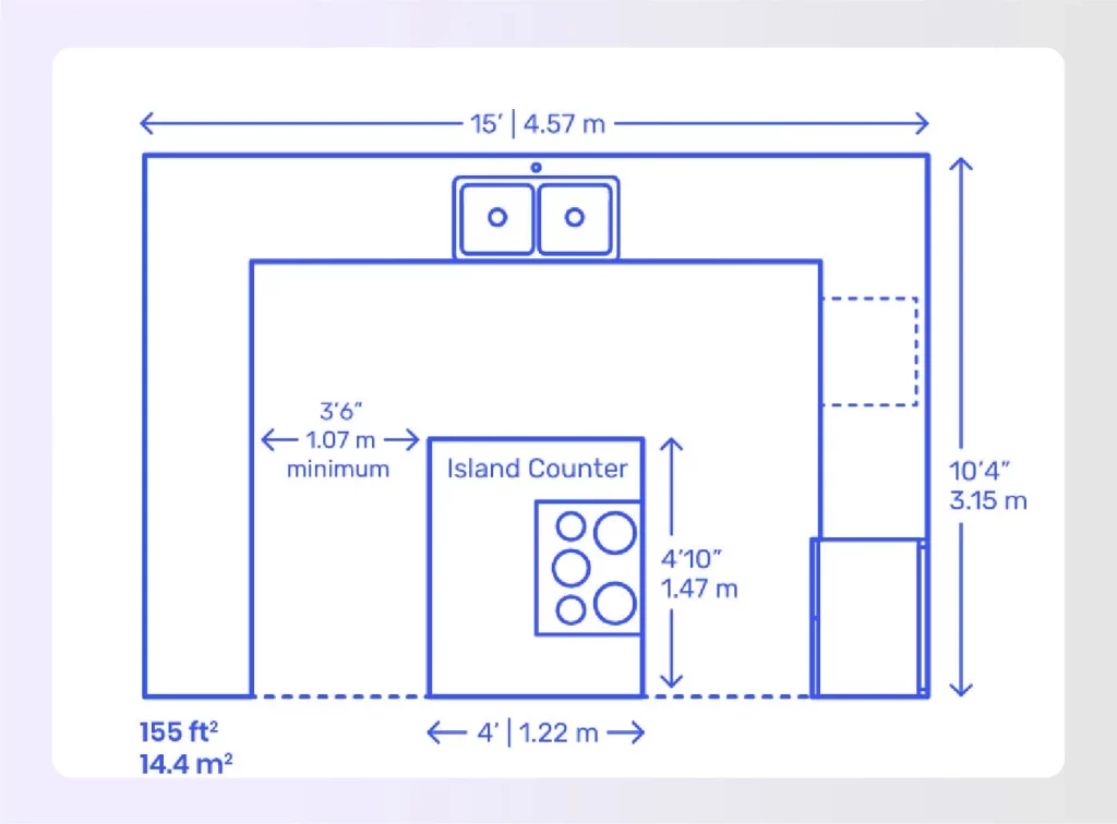 A kitchen floor plan featuring a large central island