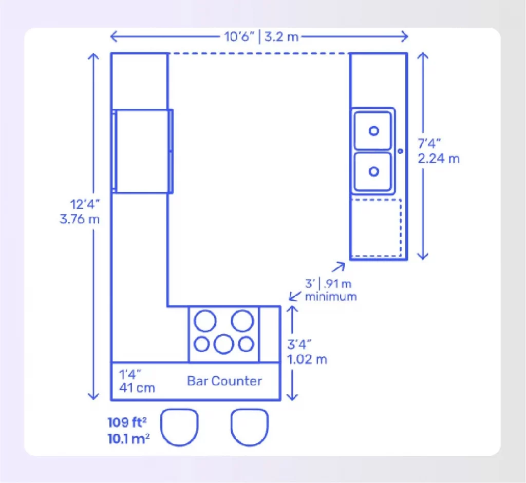 A kitchen with half-walls and shelving dividing spaces