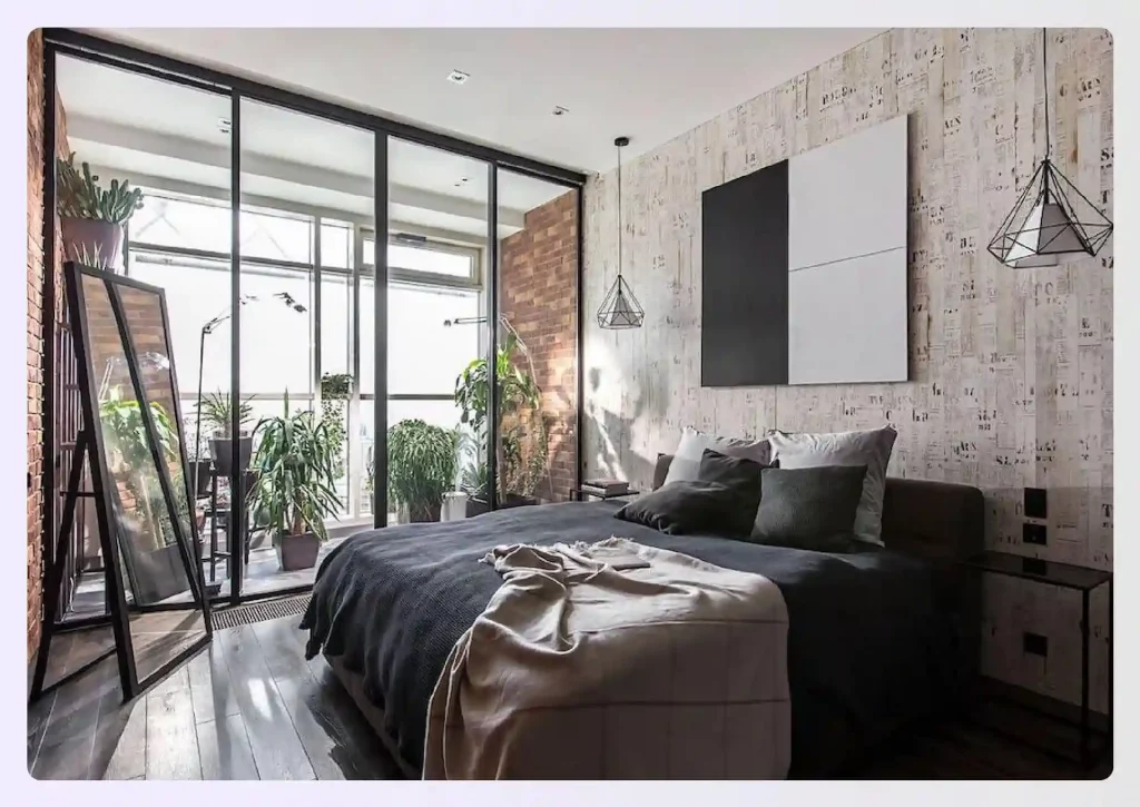 A modern bedroom featuring faux industrial design elements for effect