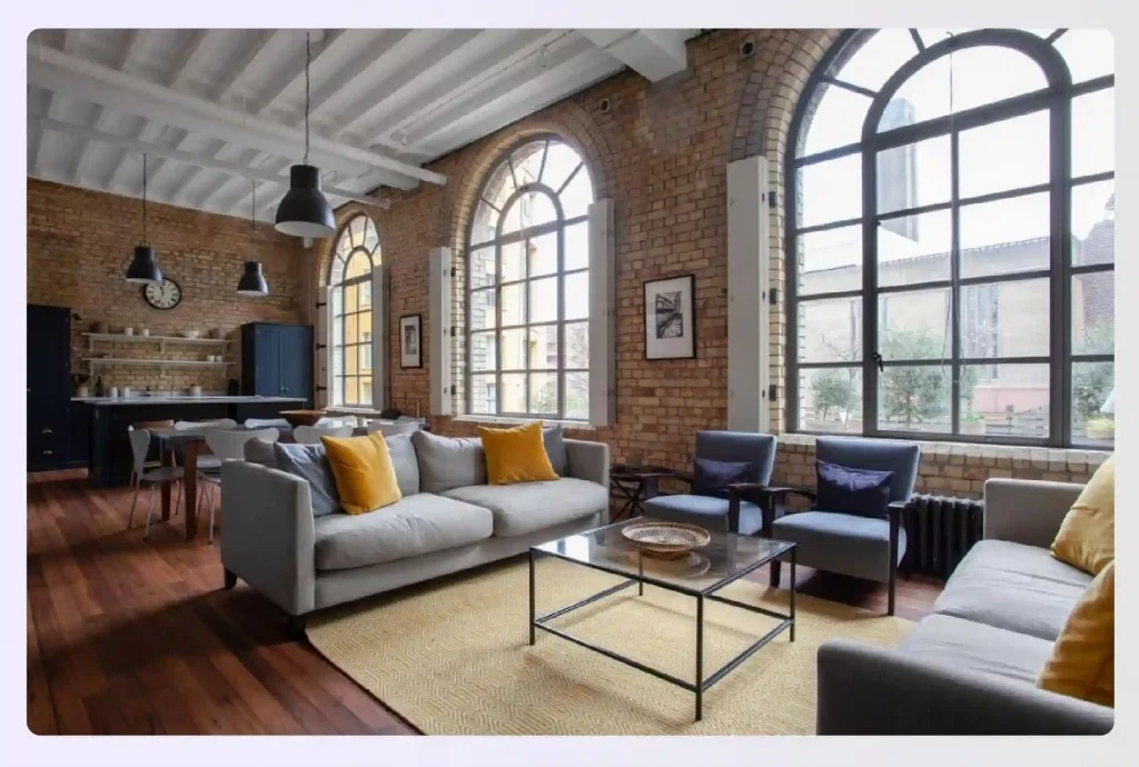 An open layout in an industrial-style loft apartment