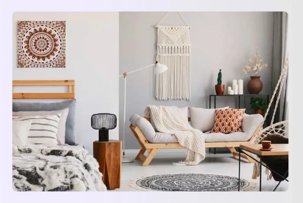 Bedroom with varied textures like wood and macrame