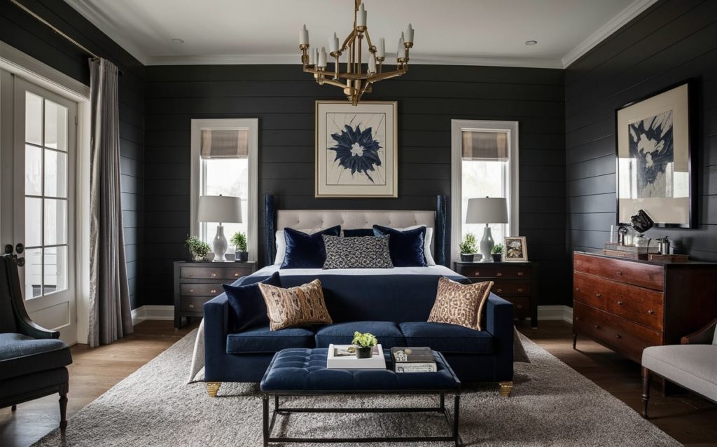 King-size bed with a tufted headboard in a dark navy bedroom with black accent walls