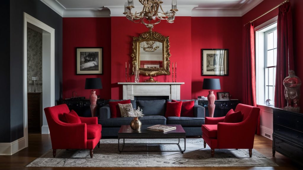 A modern living room with a bold red accent wall, black trim, and a gray sofa.