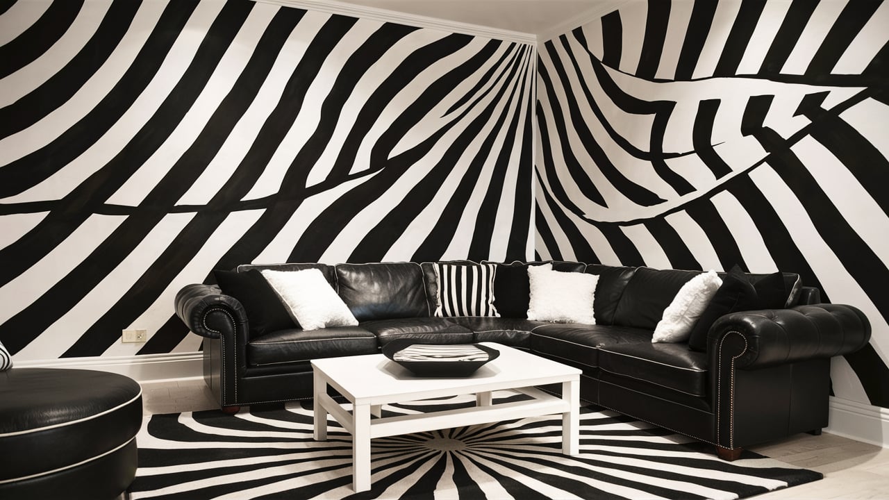 Zebra-striped wall in a modern living room with black furniture.