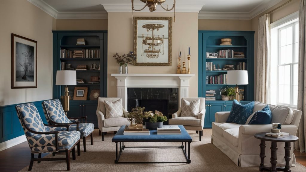 Spacious living room with blue walls, beige furniture, and a white fireplace.