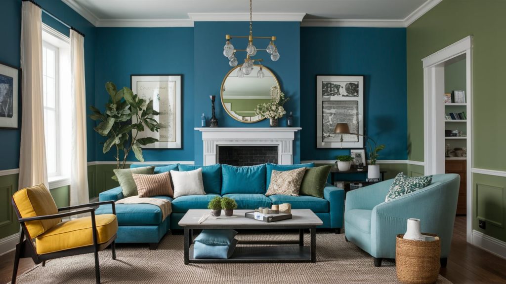 A cozy living room with a teal-colored accent wall, a white fireplace, and a comfortable blue sectional sofa.