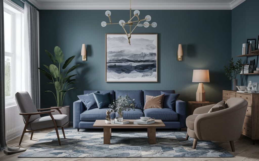 A modern living room with a blue sofa, gray rug, and taupe armchair.