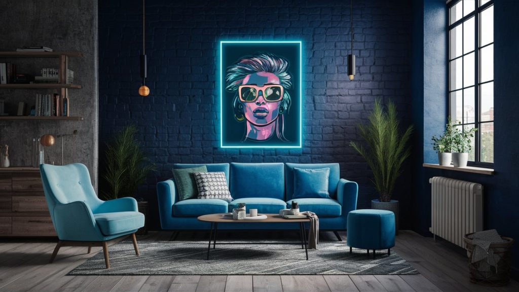 Neon blue portrait of a woman with sunglasses, framed on a brick wall in a modern living room