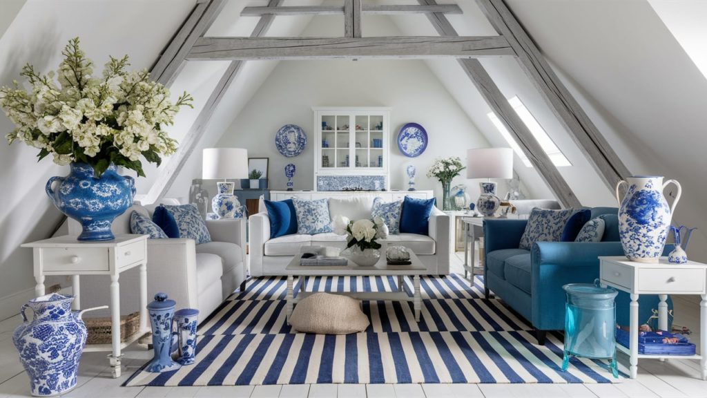 Blue and white living room with patterned rug and vaulted ceiling