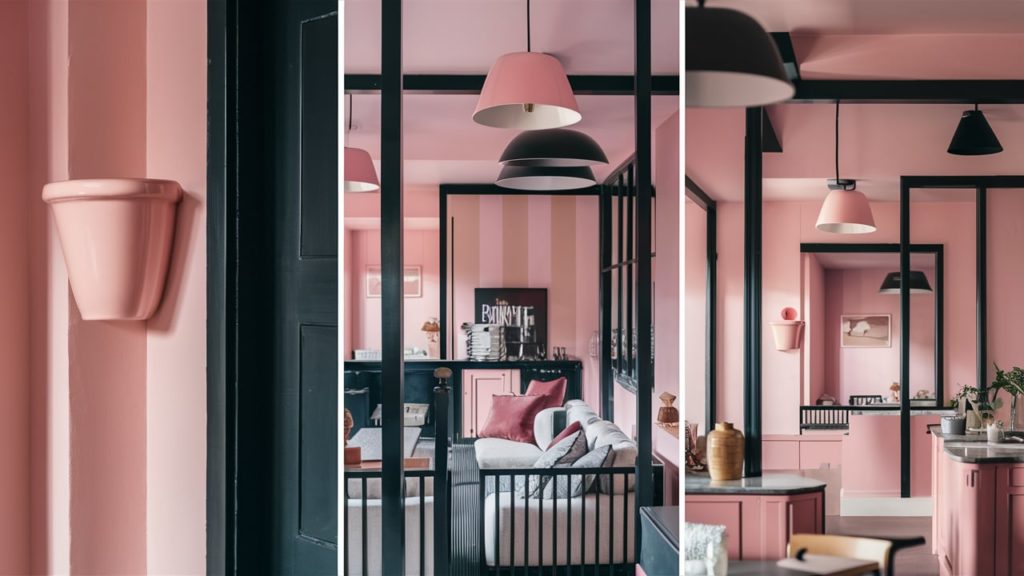 A modern, minimalist living space with a bold contrast of blush pink walls and black accents