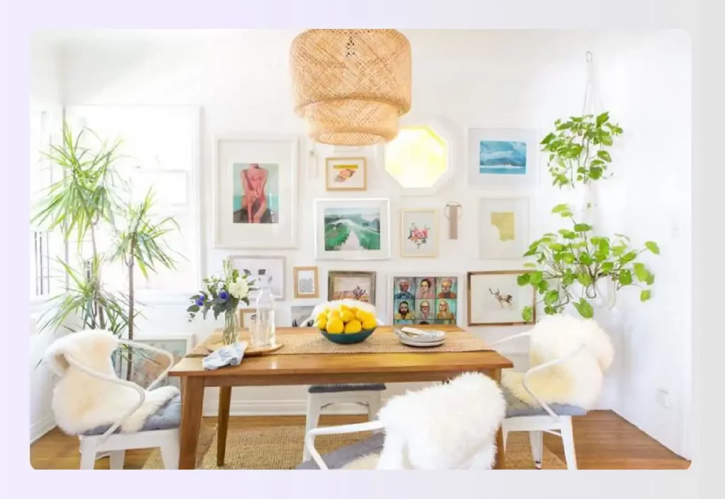 Dining area with a gallery wall of personal art