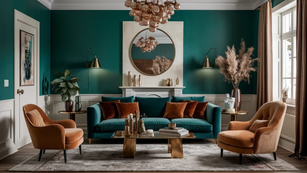 A cozy living room with emerald green walls, a velvet teal sofa, and tan accent chairs.